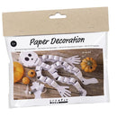 A package labeled "Mini Craft Kit Paper Decorations, Skeleton" from Creativ Company contains a children's craft kit to create a paper skeleton made of white strips—perfect as a Halloween decoration. Designed for ages 5 and up, it includes illustrations of the completed skeleton adorned with small pumpkins.