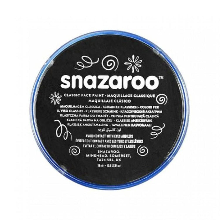 The Snazaroo Face Paints by SNAZAROO, perfect for Halloween, come in a round container with a blue rim and a "Classic Face Paint" label in various languages. Avoid using this black, water-based face paint near eyes and lips.