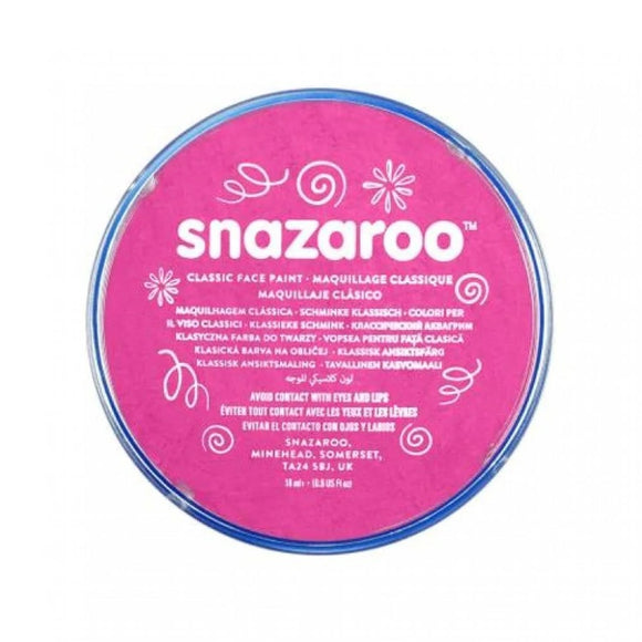 Snazaroo Face Paints by SNAZAROO come in a blue-rimmed round container featuring a pink label with white swirls and multilingual instructions. This Bright Pink, water-based face paint is ideal for Halloween needs.
