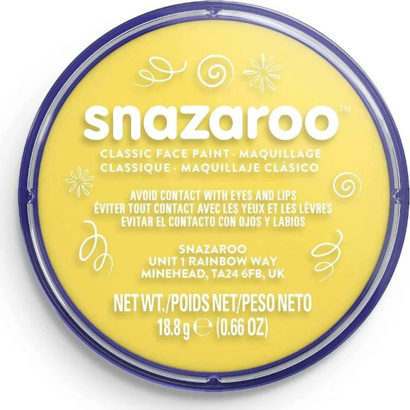 Snazaroo Face Paints by SNAZAROO come in a bright yellow round container with a blue rim. Instructions in English, French, and Spanish caution against eye and lip contact. This water-based face paint weighs 18.8g (0.66 oz), ideal for creative Halloween makeup.
