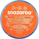 Close-up of an 18ml circular SNAZAROO Face Paints orange container, ideal for Halloween. It features multilingual safety instructions, cautioning against eye and lip contact. This water-based face paint is made in Minehead, Somerset, UK.