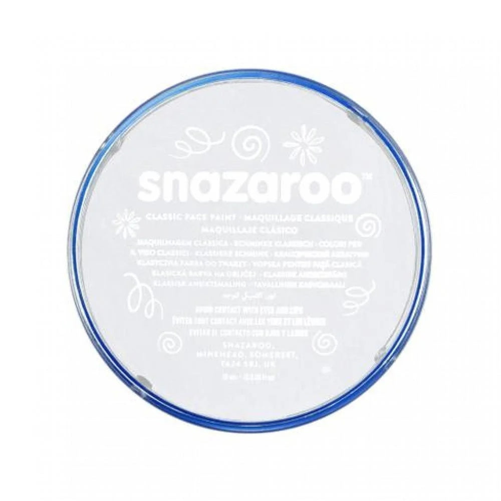 The round Snazaroo Face Paints container by SNAZAROO features a blue rim, a transparent lid with white text, and decorative swirls around the brand name at the center, ideal for creative Halloween face-painting in white.