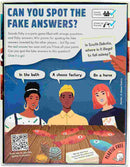 The "Sounds Fishy" board game by Big Potato features a box adorned with three cartoon characters, question prompts, and fish tokens. It highlights both family and adult play modes. Set against a playful and vibrant background, this captivating bluffing game encourages players to take risks in an enjoyable setting.