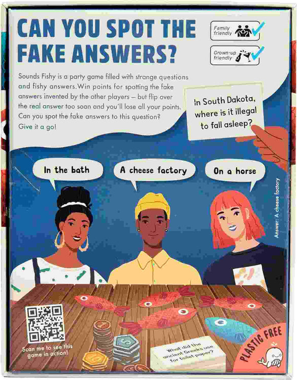 The "Sounds Fishy" board game by Big Potato features a box adorned with three cartoon characters, question prompts, and fish tokens. It highlights both family and adult play modes. Set against a playful and vibrant background, this captivating bluffing game encourages players to take risks in an enjoyable setting.