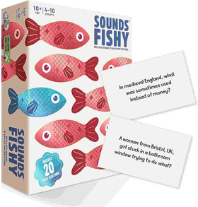The packaging of "Sounds Fishy" by Big Potato, a lively trivia game, features bright and colorful fish illustrations. Two of the cards include the quirky questions: "In medieval England, what was sometimes used instead of money?" and "A woman from Bristol, UK, got stuck in a bathroom window trying to do what?