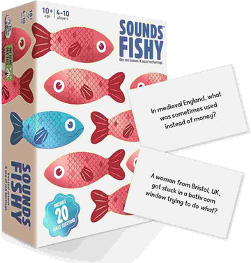 The packaging of "Sounds Fishy" by Big Potato, a lively trivia game, features bright and colorful fish illustrations. Two of the cards include the quirky questions: "In medieval England, what was sometimes used instead of money?" and "A woman from Bristol, UK, got stuck in a bathroom window trying to do what?