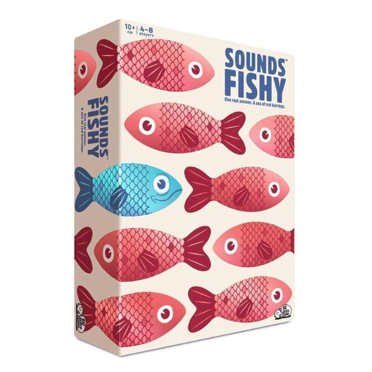 The box of Big Potato's bluffing game "Sounds Fishy" displays red fish illustrations, highlighted by a distinctive blue fish on the cover. This imaginative game, suitable for ages 10 and up, brings fast-thinking fun to groups of 4 to 8 players.