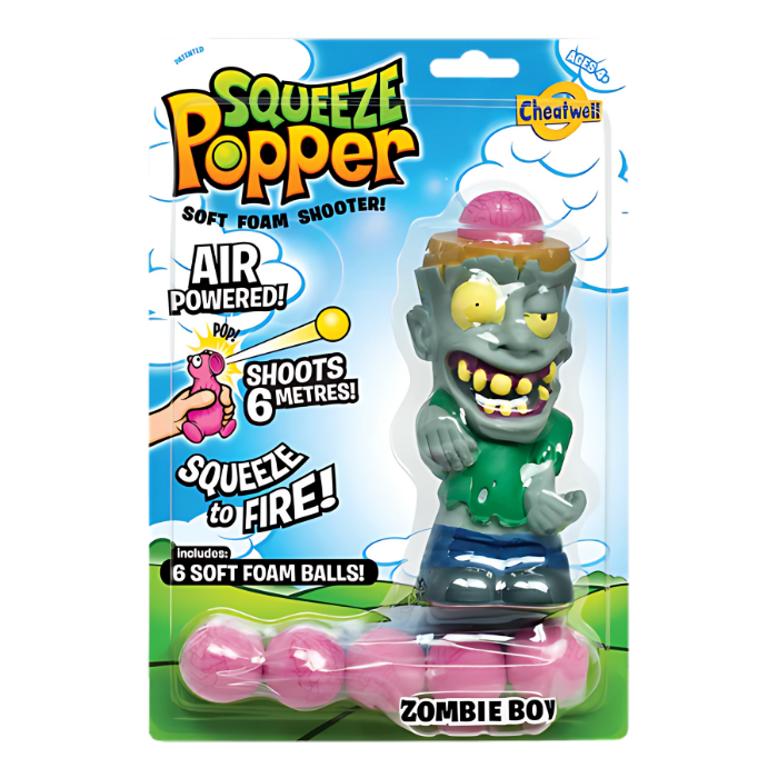 The Squeeze Popper: Zombie by Cheatwell Games is an ideal toy for both indoor and outdoor activities. This air-powered, soft foam shooter delivers exciting play with a range of up to 6 meters and comes complete with six pink foam balls.