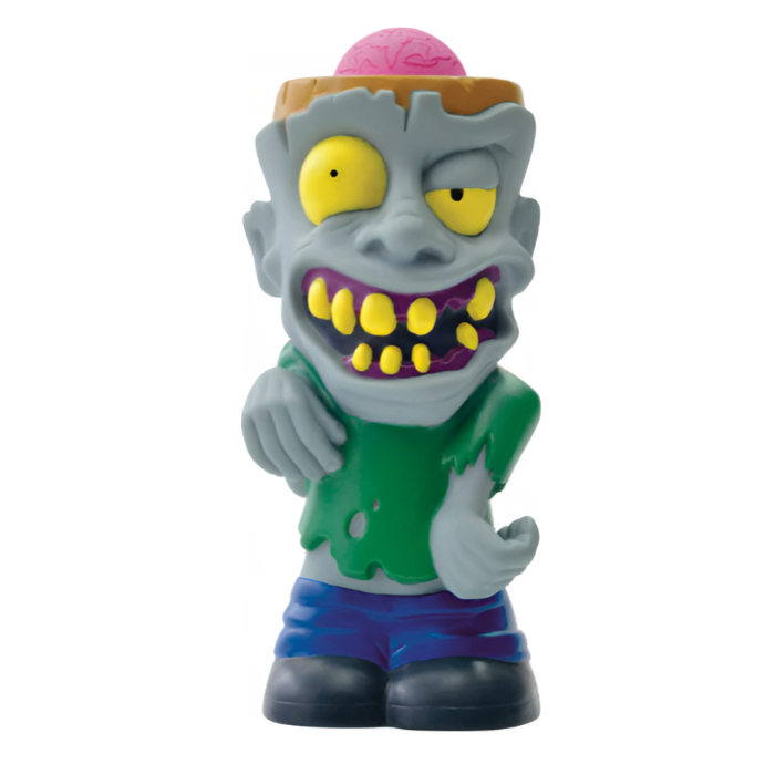 The Squeeze Popper: Zombie by Cheatwell Games features a cartoonish figure with a visible pink brain, yellow eyes, and an exaggerated grin showing yellow teeth. Dressed in a torn green shirt and blue pants, it's perfect for adding spooky fun to indoor and outdoor play.