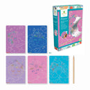 Set of colourful scratch art boards with a pencil and packaging on a white background