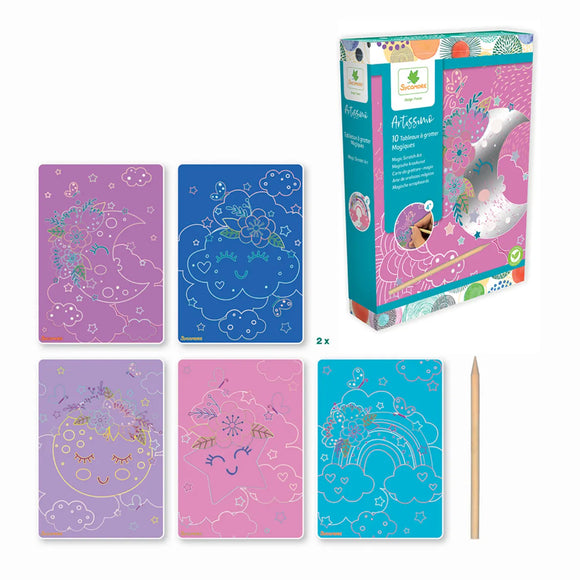 Set of colourful scratch art boards with a pencil and packaging on a white background