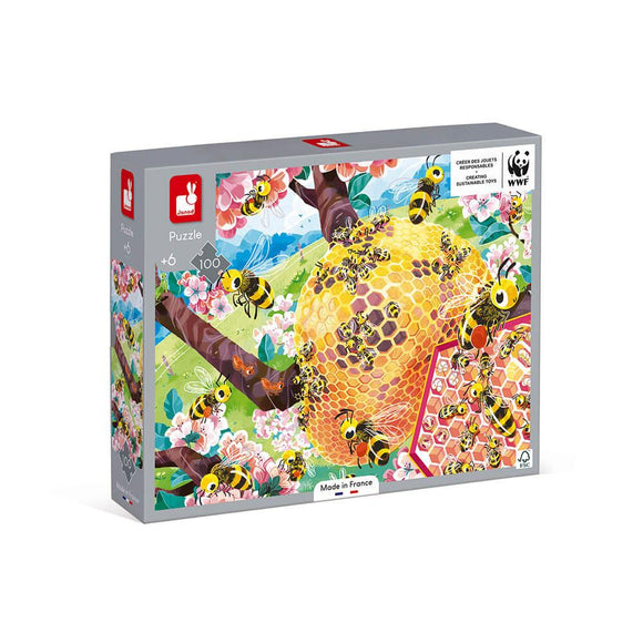 Box containing 100 piece bee life jigsaw puzzle from Janod and WWF.