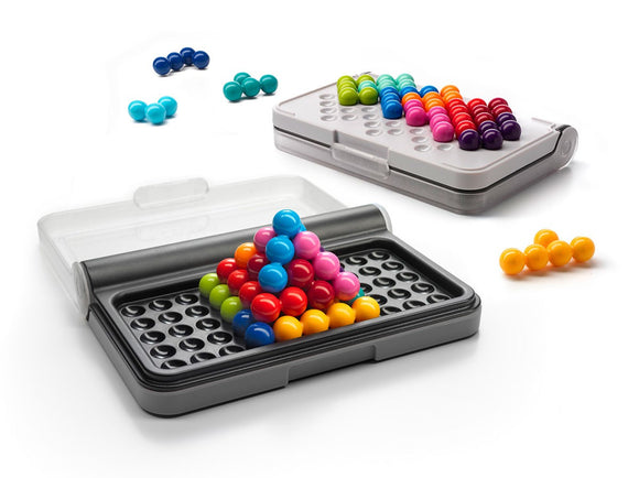 Challenge your cognitive skills with the IQ Puzzler Pro by Smart Games, featuring two brain-teasing puzzle games with colorful pegs in vibrant red, blue, yellow, green, and purple.