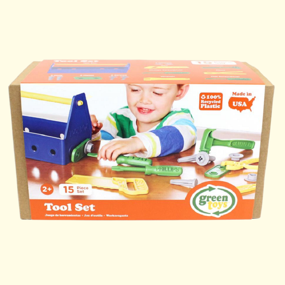 Blue, green and yellow tool kit made from recycled plastic.