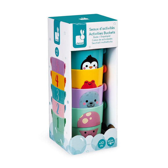 Box containing five small play buckets from Janod. White background.