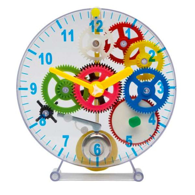 Colour, plastic cogs and parts making up a transparent clock face science kit.