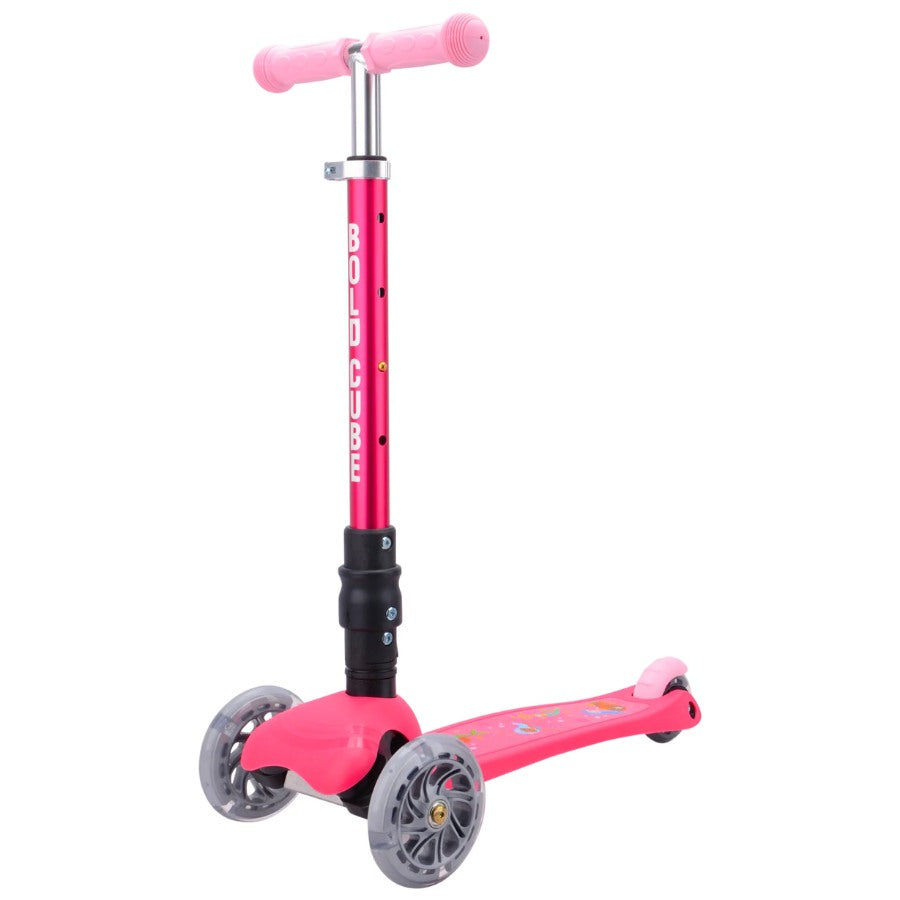 Pink scooter with mermaid decals on foot plate.