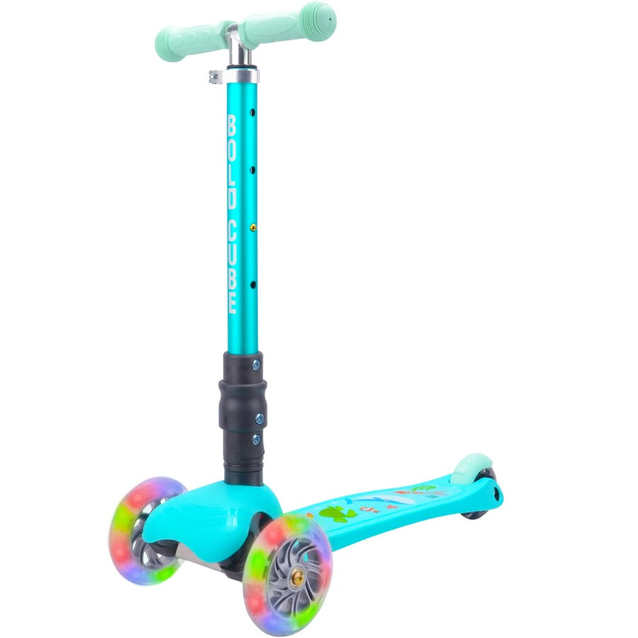 Turquoise scooter with flashing lights.