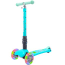 Turquoise scooter with flashing lights.