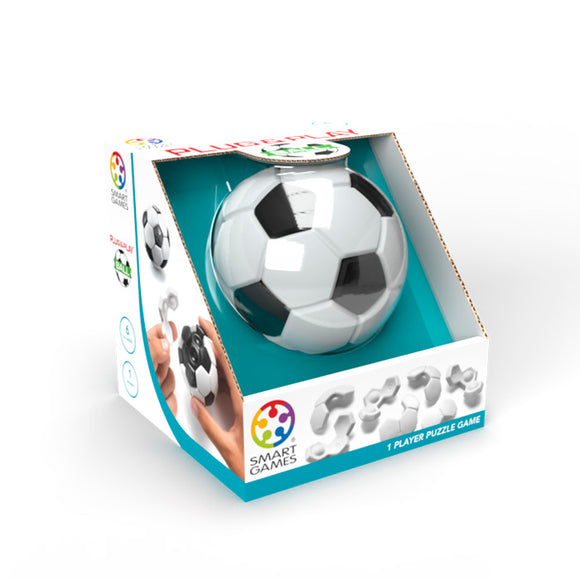 The packaging features the Plug & Play Ball, a 3D puzzle game in the shape of a soccer ball designed by Smart Games. The box, mainly white with blue accents, illustrates the ball partially completed and hands arranging the pieces to boost cognitive abilities.