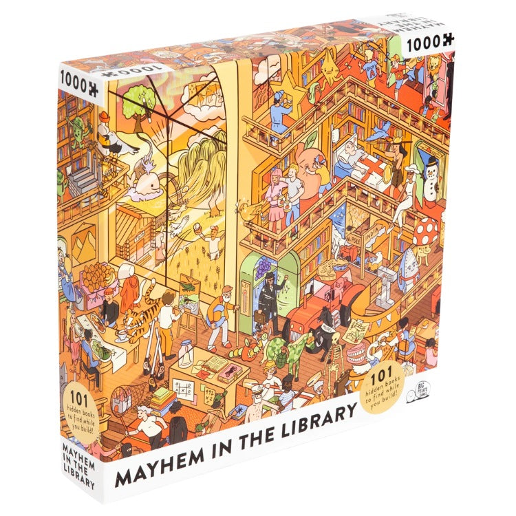 Box with a busy cartoon library scene for the Mayhem in the Library juigsaw.