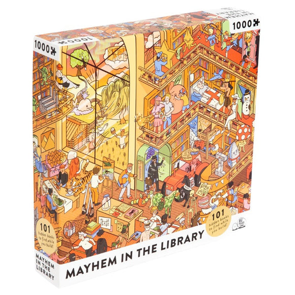 Box with a busy cartoon library scene for the Mayhem in the Library juigsaw.