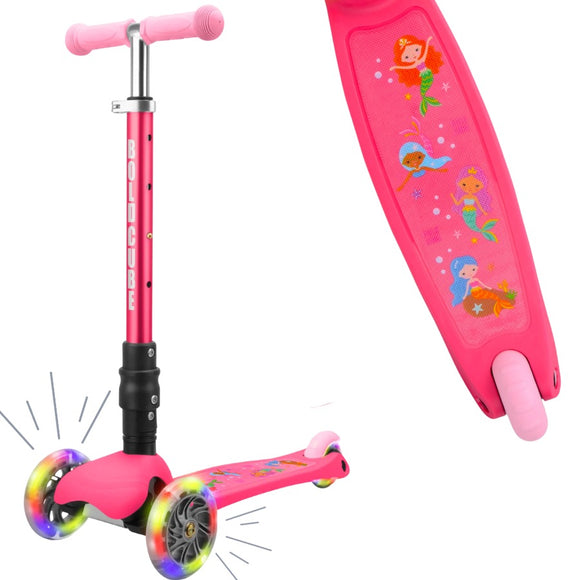 Introducing the Teeny 3 Wheel Foldable Scooter by The Toy Shop, a delightful pink children's scooter featuring adjustable handlebars and light-up wheels. This lean-to-steer design boasts a deck decorated with vibrant mermaid illustrations, making it the perfect companion for young adventurers seeking both excitement and convenience.