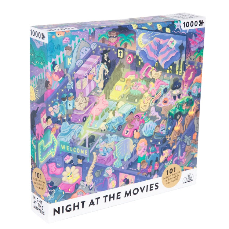 Box containing the 'Night at the Movies' jigsaw with a busy, colourful cartoon image.