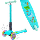 Introducing the Teeny 3 Wheel Foldable Scooter by The Toy Shop: a teal scooter designed with a deck featuring sea creatures such as turtles, whales, seahorses, and jellyfish. It offers adjustable handlebars and lean-to-steer technology. The two front wheels light up for extra excitement, while the rear wheel provides stability.