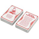 Two stacks of eco-friendly Ocean Plastic Playing Cards by Big Potato Games with red designs. The front card displays a plastic bottle along with a QR code and scanning instructions, while the back card showcases "The Ocean Plastic Mission," emphasizing ocean pollution and supporting recycled ocean plastic initiatives.