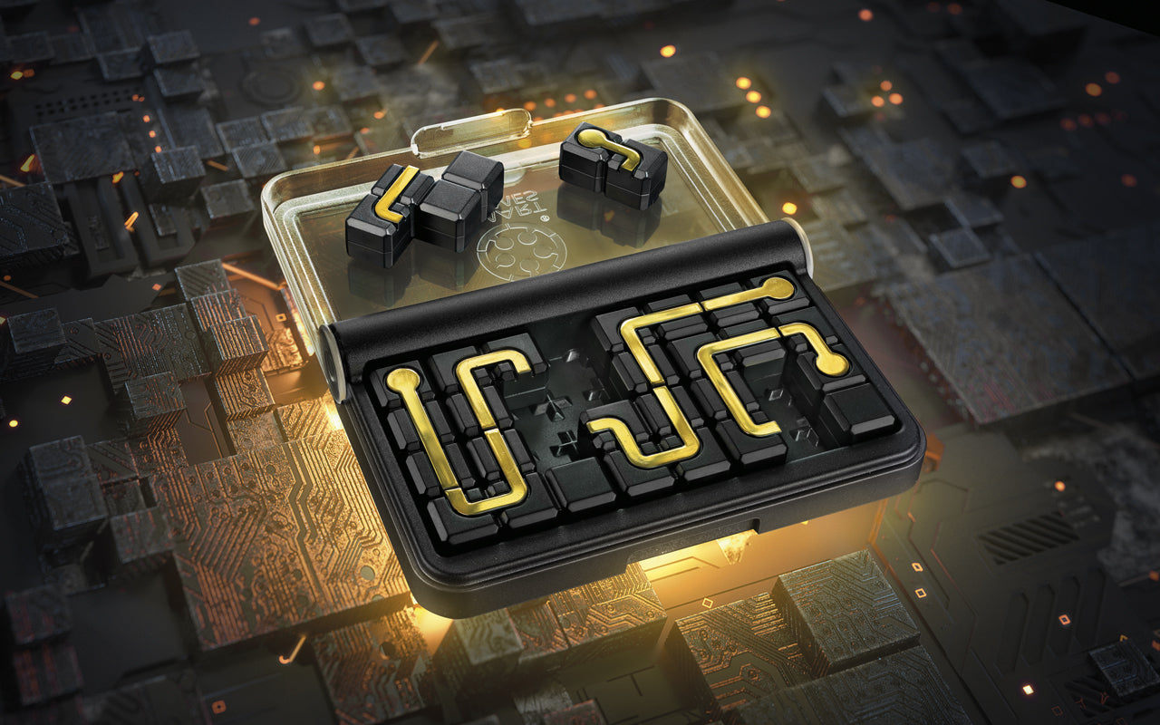 Electronic circuit style puzzle game - black with gold.