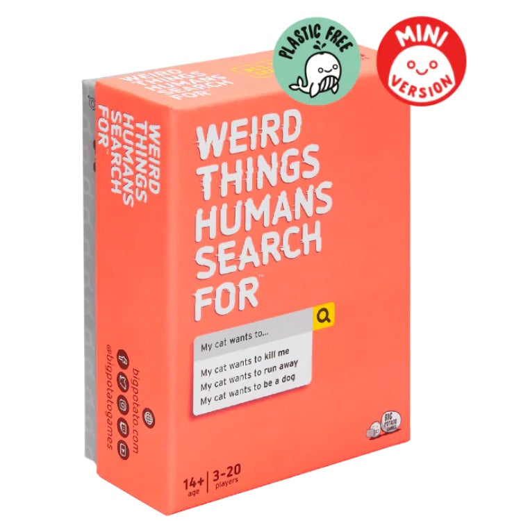Peach coloured box for the card game ' Weird Things Humans Search For'.