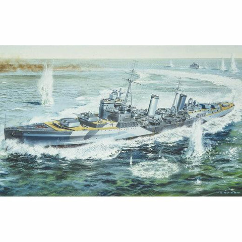 Realistic, painterly image of HMS Belfast sailing through waves.