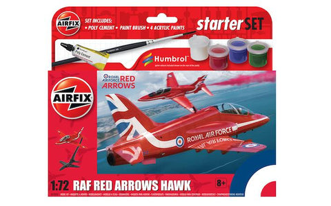 Airfix starter kit for a model Red Arrows Hawk fighter jet. The pack is predominantly red and shows the included paint pots in the top section.