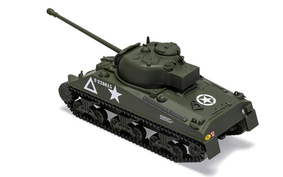Three quarter rear view of the Airfix grey/green model tank.