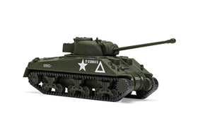 Side view of the dark grey/green Sherman model tank.