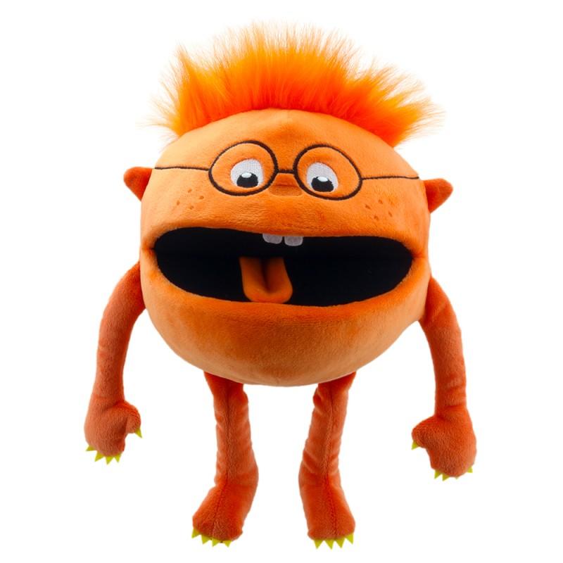 Cute, orange monster hand puppet with glasses.