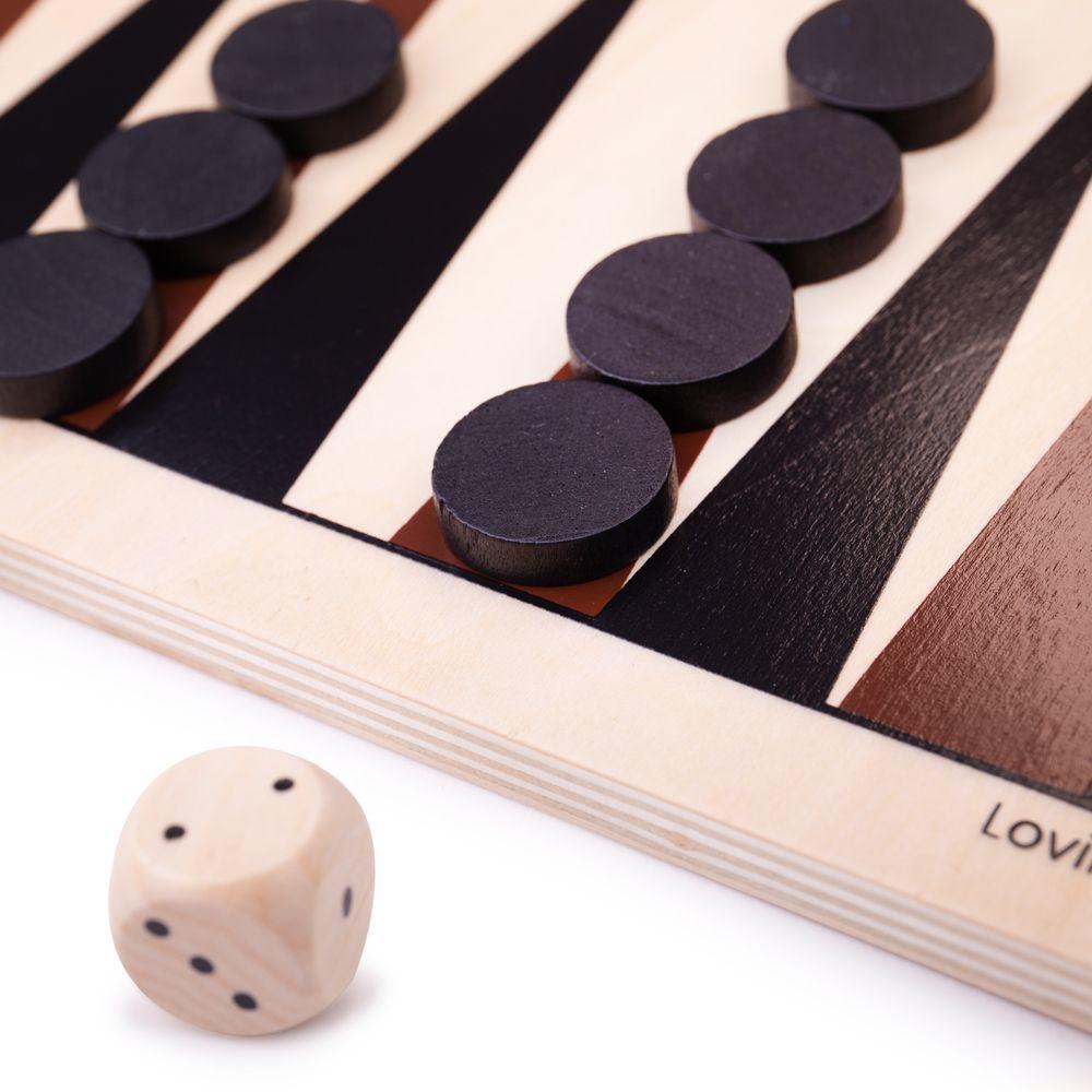 Close-up view of the wooden backgammon board.