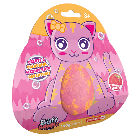 Pink rounded triangle shape with a cartoon cat's face and an egg shaped pink bath bomb as its tummy.