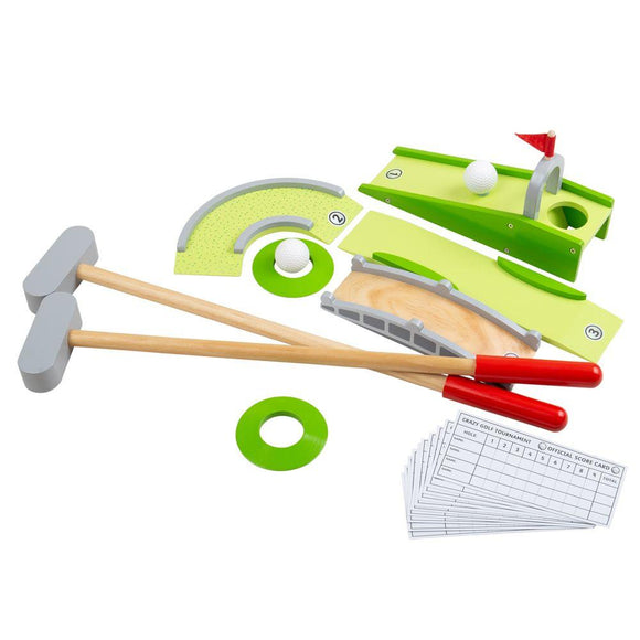 Parts of the kids' wooden crazy golf set including two wooden clubs, 4 mini bridges / tricky golf shots, two white golf balls and score cards.