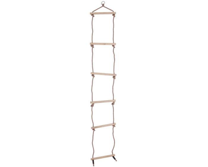 Wooden child's rope ladder (wooden rungs with white rope). 6 rungs. White background.