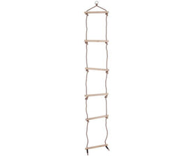Wooden child's rope ladder (wooden rungs with white rope). 6 rungs. White background.