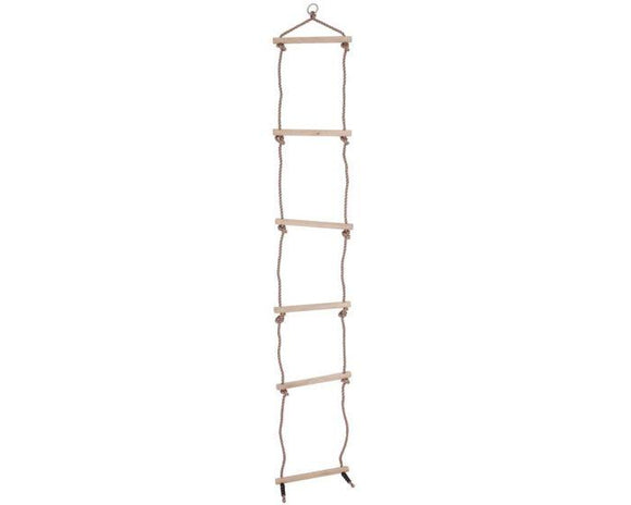 Wooden child's rope ladder (wooden rungs with white rope). 6 rungs. White background.