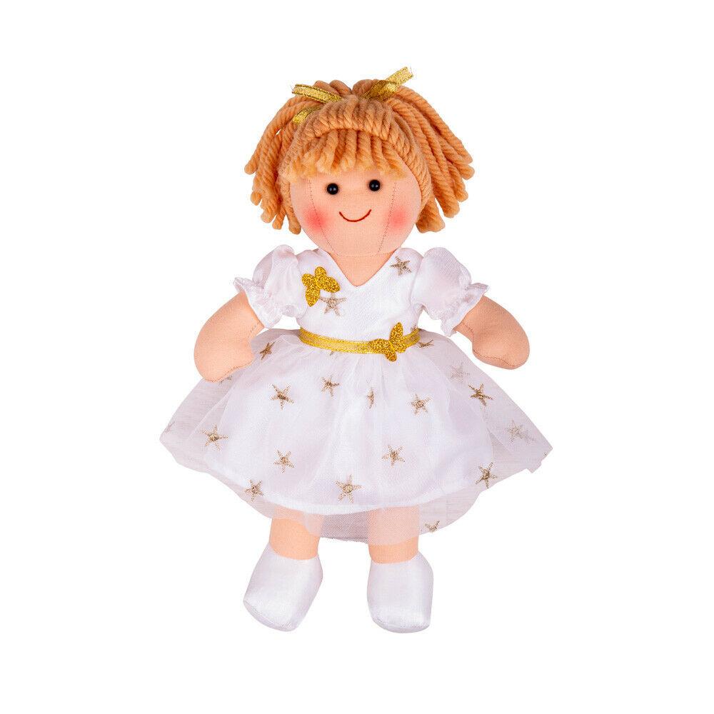 Charlotte rag-doll wearing a white dress with gold stars.