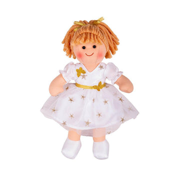 Charlotte rag-doll wearing a white dress with gold stars.
