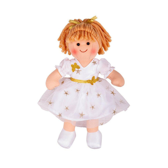Charlotte rag-doll wearing a white dress with gold stars.