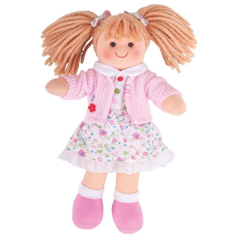 Soft, cuddly rag-doll toy wearing a floral dress and wink cardigan.