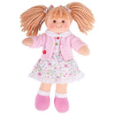 Soft, cuddly rag-doll toy wearing a floral dress and wink cardigan.