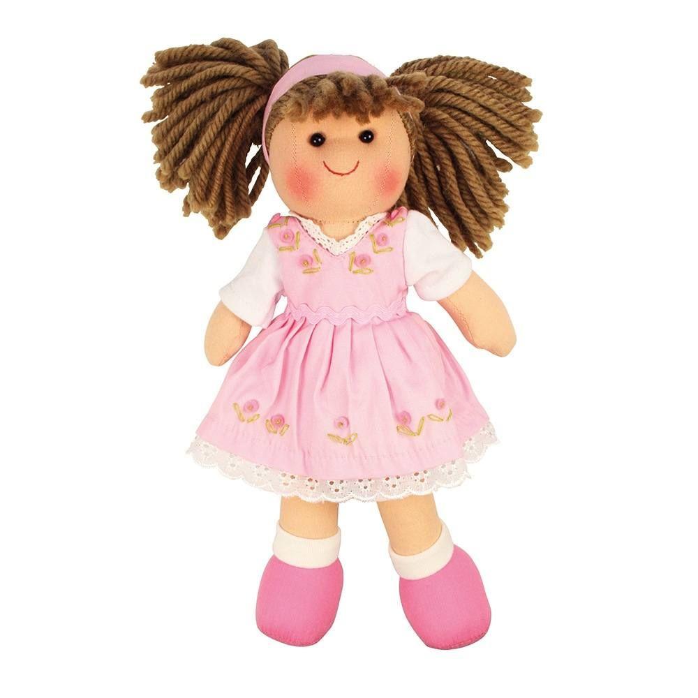 Cuddly Rose rag-doll wearing a pale pink dress embroidered with pink roses and trimmed with white.