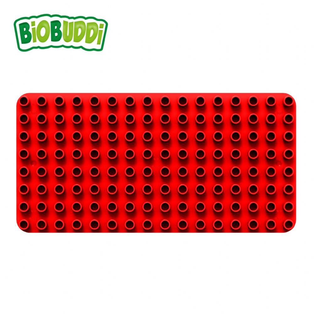 Red baseplate for Biobuddi building blocks. Also compatible with building bricks from other manufacturers.